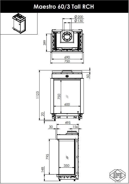 Technische tekening van DRU Maestro 60/3 Tall Eco Wave met gedetailleerde afmetingen en aansluitingen.