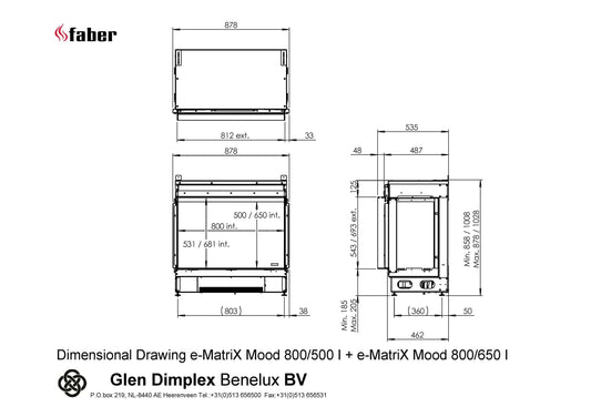 Technische tekening van Faber e-MatriX Mood 800/500 I Front met gedetailleerde afmetingen.