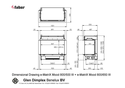 Technische tekening van Faber e-MatriX Mood 800/650 III Driezijdig met gedetailleerde afmetingen.