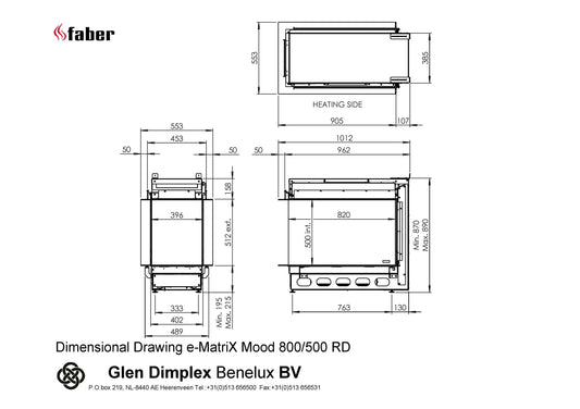 Technische tekening van Faber e-MatriX Mood 800/500 RD met gedetailleerde afmetingen en specificaties.