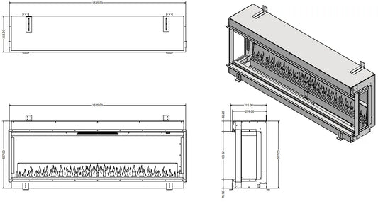 Technische tekening van de Element4 Elite 150 E Supreme elektrische haard met afmetingen.