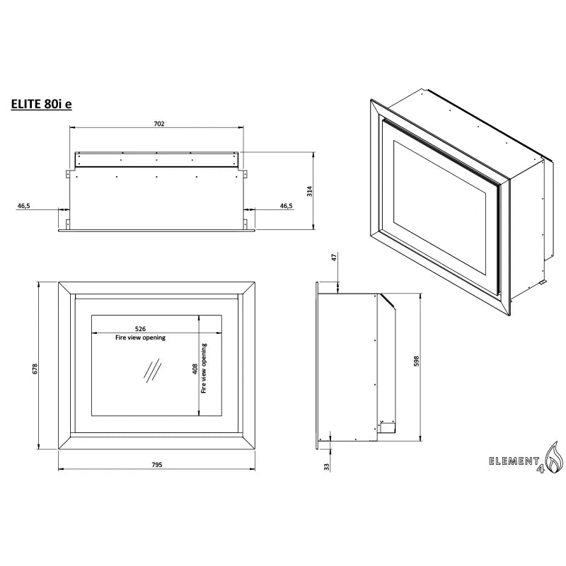 Technische tekening van de Element4 Elite 80 I E inbouwhaard met afmetingen en zijaanzichten.