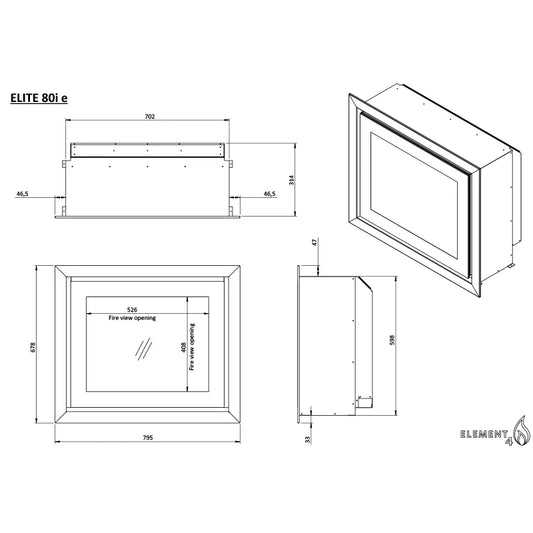 Technische tekening van de Element4 Elite 80 I E inbouwhaard met afmetingen en zijaanzichten.