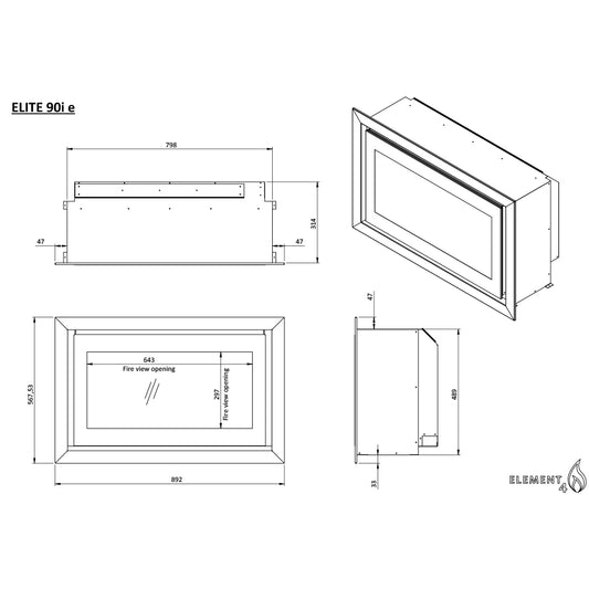 Technische tekening van Element4 Elite 90 I E Supreme haard met afmetingen en zijaanzichten.