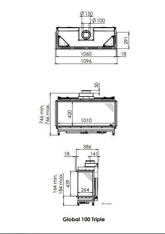 Technische tekening van DRU Global 100 Triple BF met gedetailleerde afmetingen en aansluitingen.