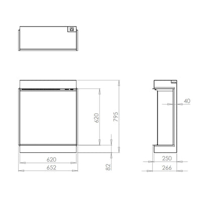 Technische tekening van de Charlton & Jenrick Luminosa 62 met afmetingen in millimeters.
