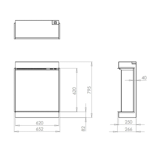 Technische tekening van de Charlton & Jenrick Luminosa 62 met afmetingen in millimeters.