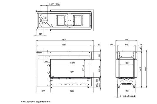 Technische tekening van de Faber Matrix Hybrid 1050/500 RD met gedetailleerde afmetingen en specificaties.