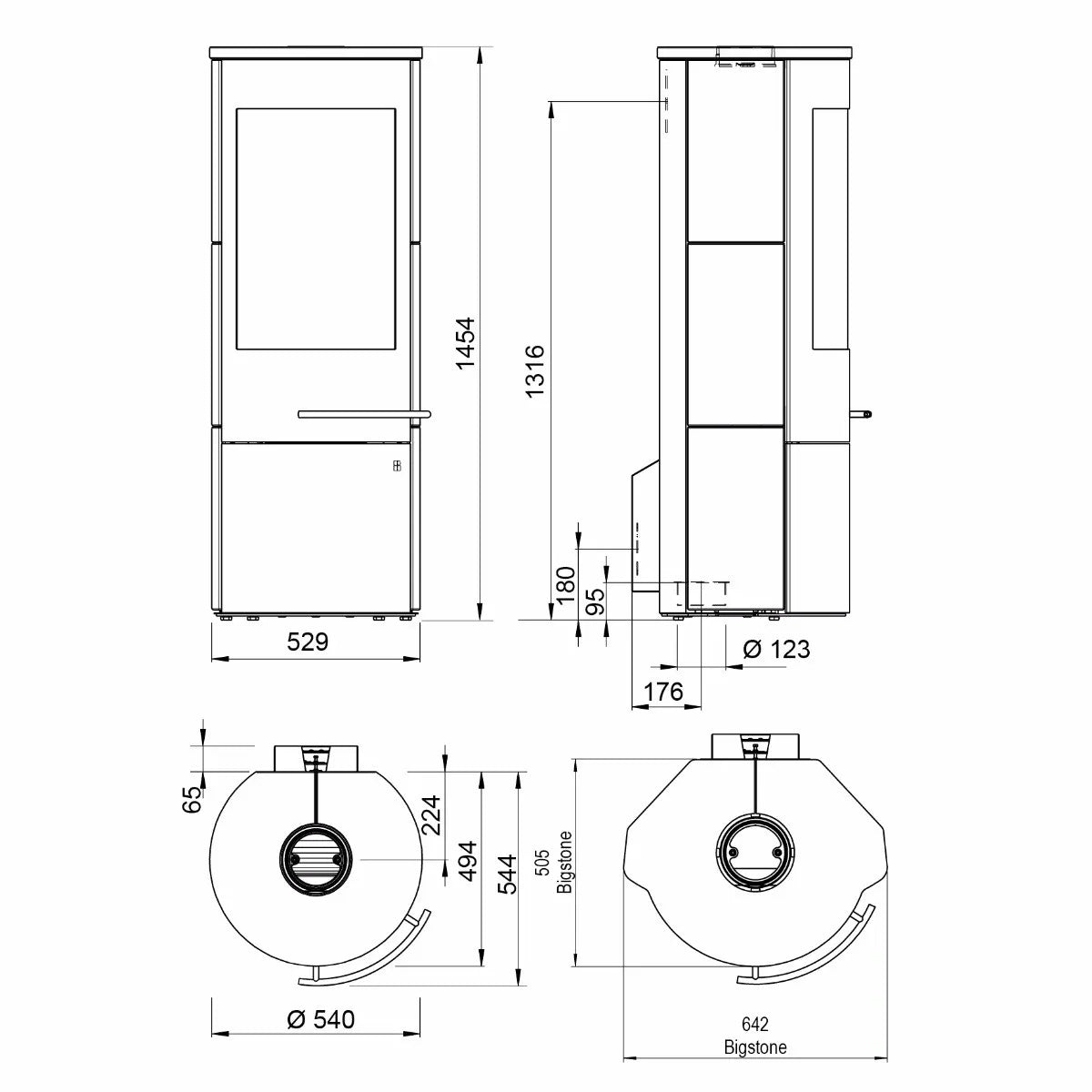 Technische tekening van Olsberg Tacora Compact houtkachel met gedetailleerde afmetingen en zijaanzichten.