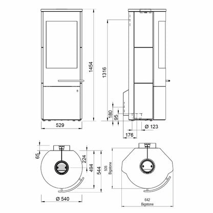 Technische tekening van Olsberg Tacora Compact houtkachel met gedetailleerde afmetingen en zijaanzichten.