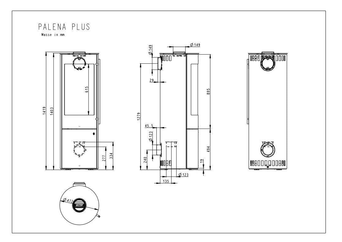 Technische tekening van Olsberg Palena PLUS Compact met gedetailleerde afmetingen in millimeters.
