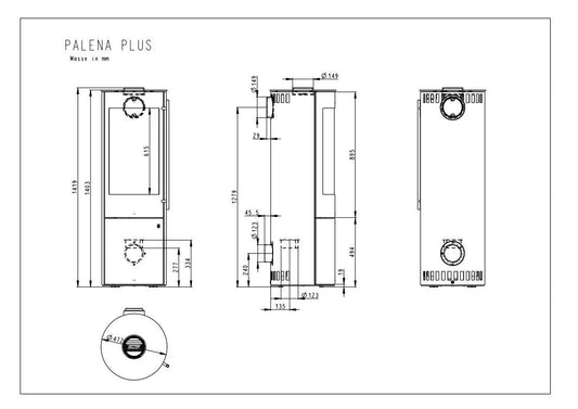 Technische tekening van Olsberg Palena PLUS Compact met gedetailleerde afmetingen in millimeters.