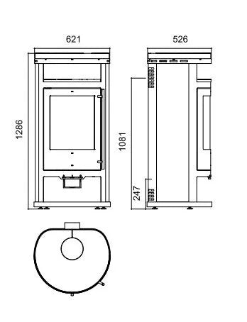 Technische tekening van Olsberg Salado Compact houtkachel met afmetingen in millimeters.