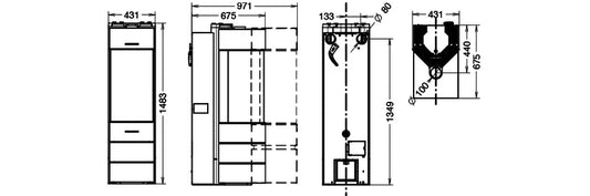 Technische tekening van Thermorossi Bellavista S2 Silent pelletkachel met afmetingen en doorsneden.