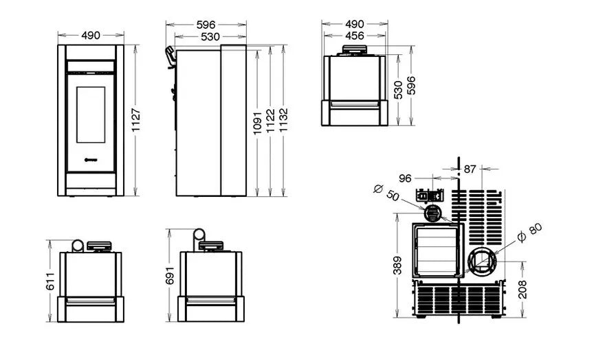 Technische tekening van de Thermorossi Essenza Metalcolor Plus pelletkachel met gedetailleerde afmetingen.