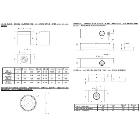 Technische tekening met afmetingen en specificaties van de Nestor Martin TQH33 houtkachel.