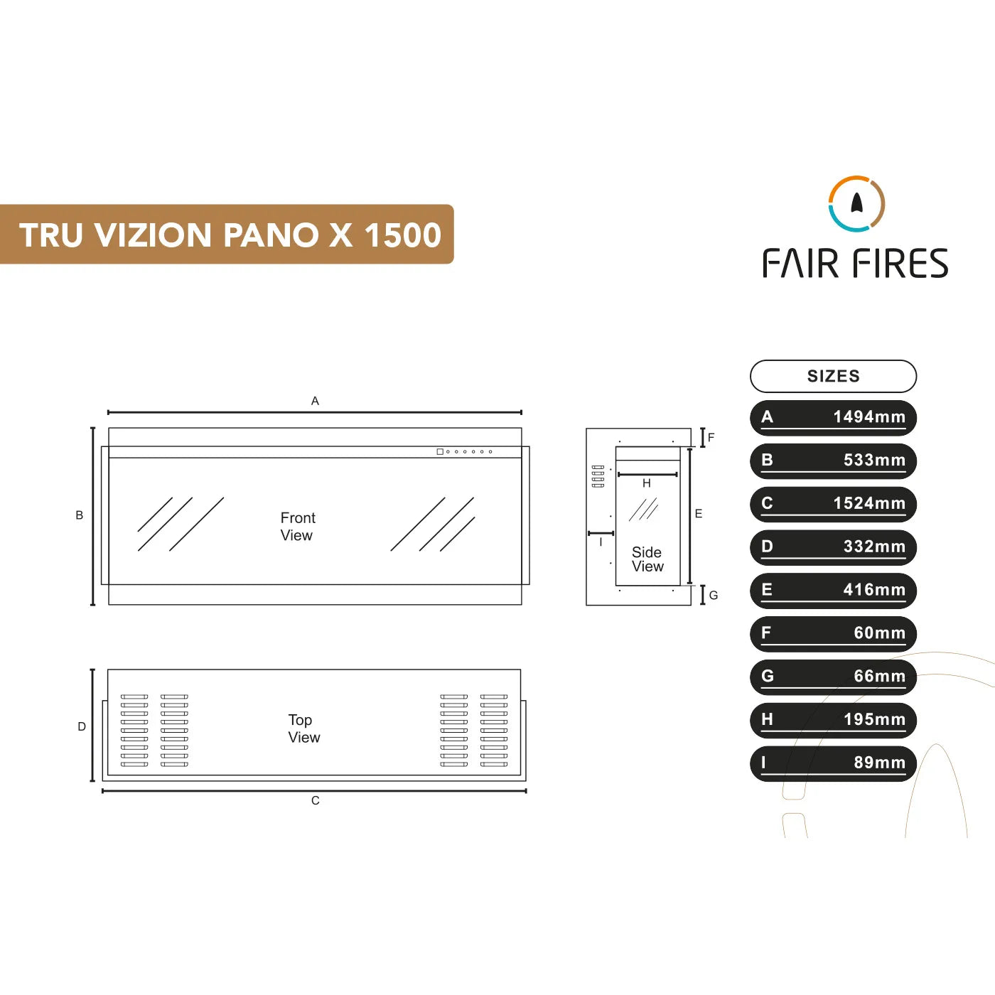 Fair Fires Tru Vizion Pano X 1500, afmetingen en aanzichten van de haard weergegeven.