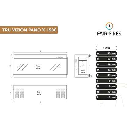 Fair Fires Tru Vizion Pano X 1500, afmetingen en aanzichten van de haard weergegeven.