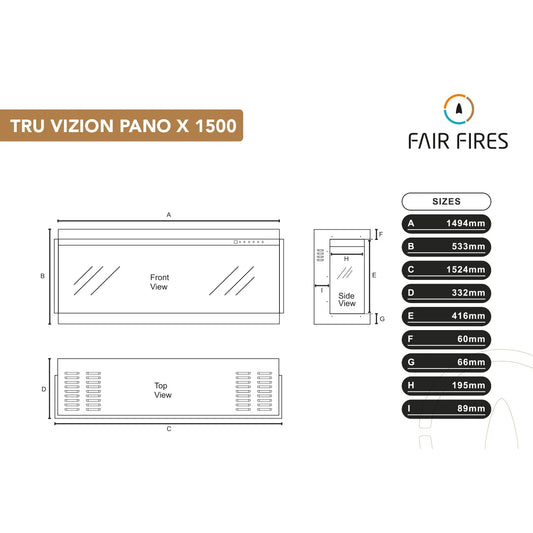 Fair Fires Tru Vizion Pano X 1500, afmetingen en aanzichten van de haard weergegeven.