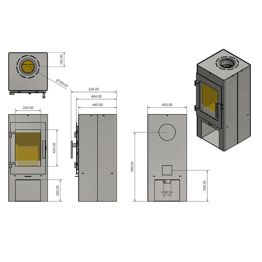 Technische tekening van Wanders Linde houtkachel met afmetingen en verschillende aanzichten.