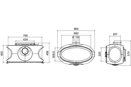 Technische tekening van Wanders Mata met afmetingen en doorsneden van de kachel.