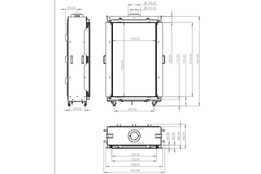 Technische tekening van Element4 Sky Medium Front met gedetailleerde afmetingen en aanzichten.