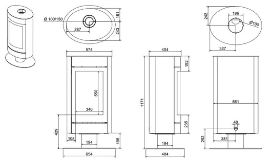 Technische tekening van Wanders Tali F gaskachel met gedetailleerde afmetingen en doorsneden.