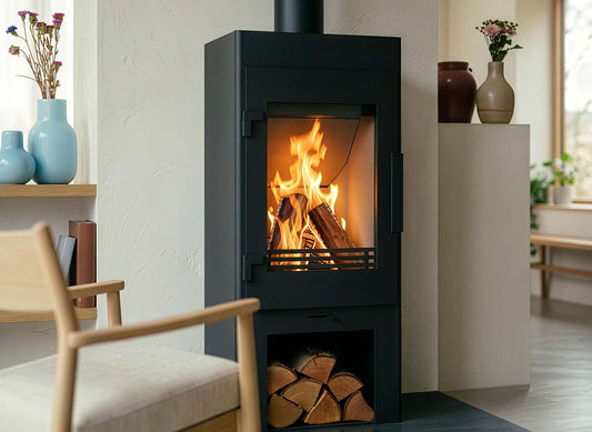 Wanders Linde houtkachel met brandend vuur in een sfeervolle woonkamer