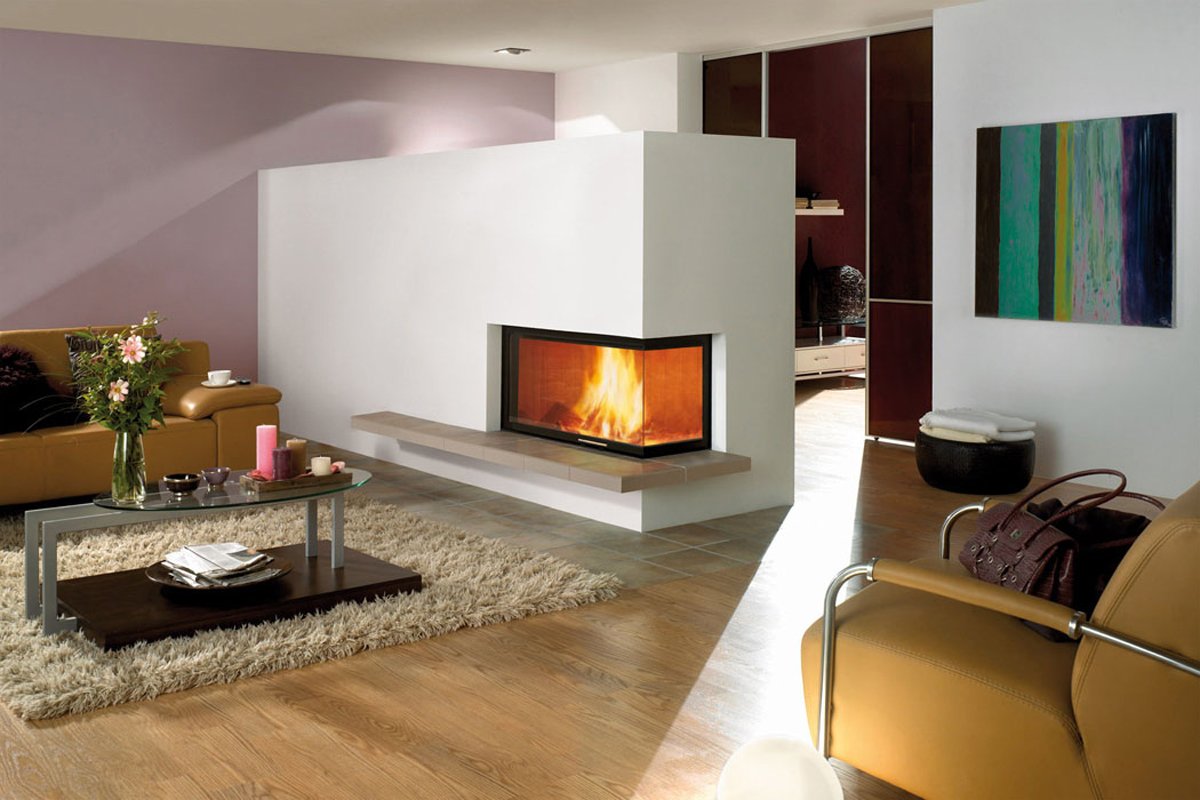 Spartherm Linear Corner 100x41x51 in moderne woonkamer met brandend hoekglas