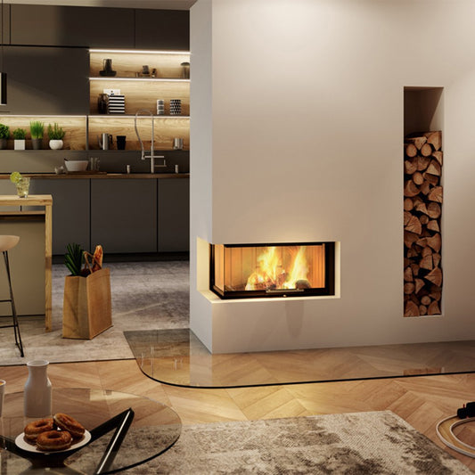Spartherm Linear Corner 68x46x51 in moderne woonkamer met brandend haardvuur