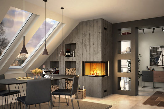 Spartherm Linear Corner 68x46x57 in moderne eetkamer, met hoekhaard en vlammen.