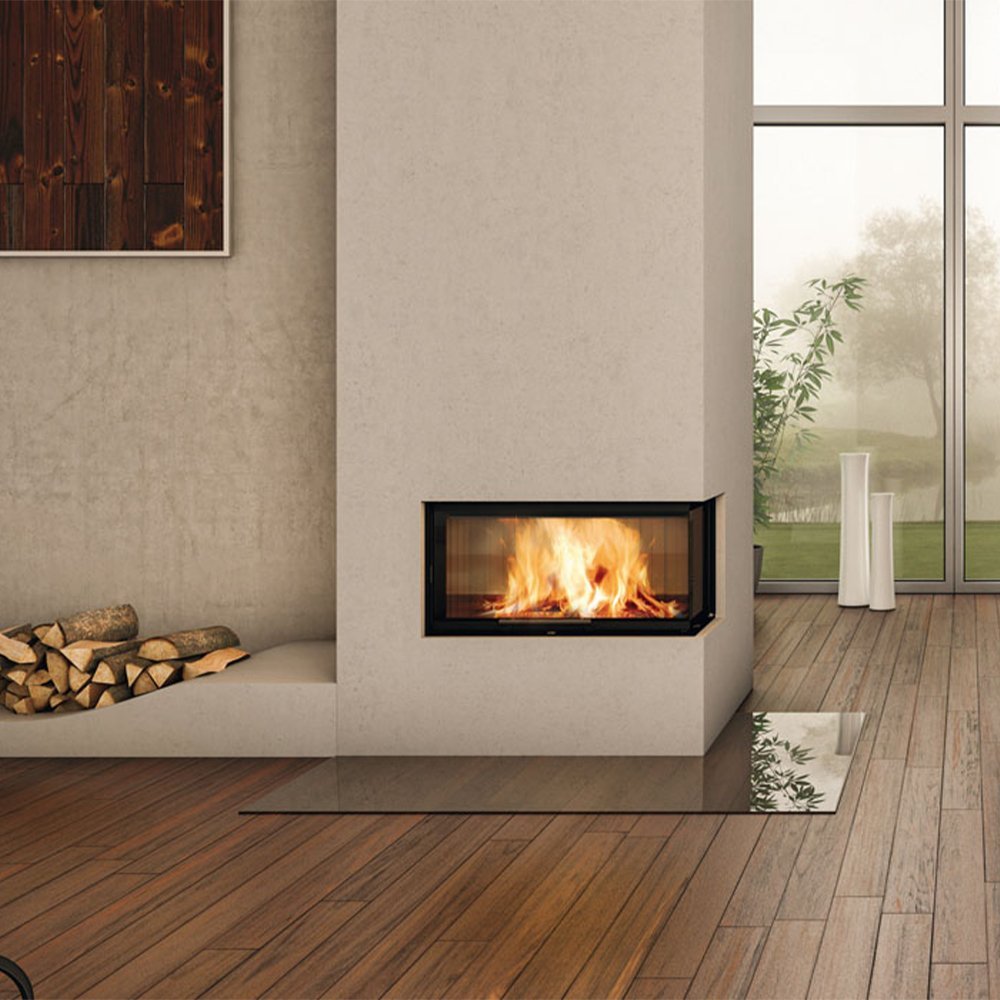 Spartherm Linear Corner 73x35x37 (vaste greep) in een moderne woonkamer met houten vloer.