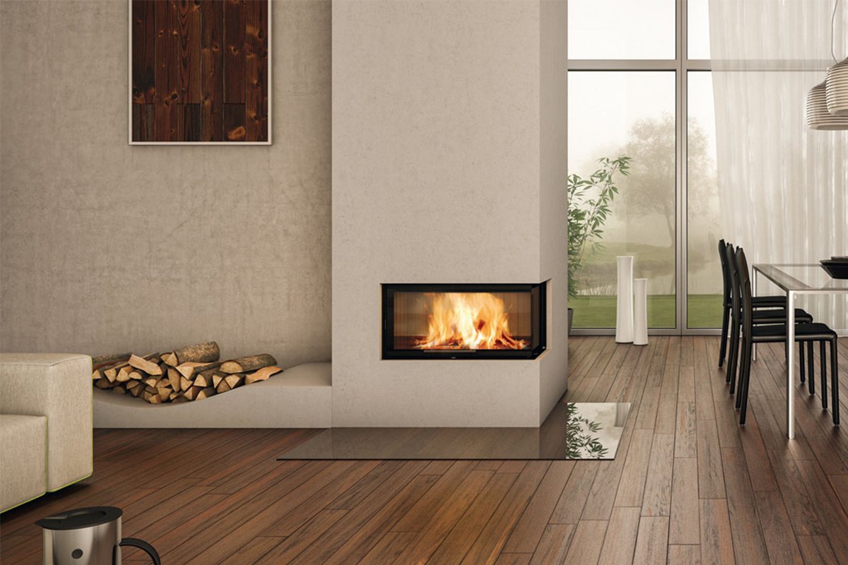 Spartherm Linear Corner 73x35x37 (vaste greep) in een moderne woonkamer met houten vloer.