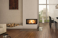 Spartherm Linear Corner 73x35x37 ingebouwd in moderne woonkamer met brandend vuur