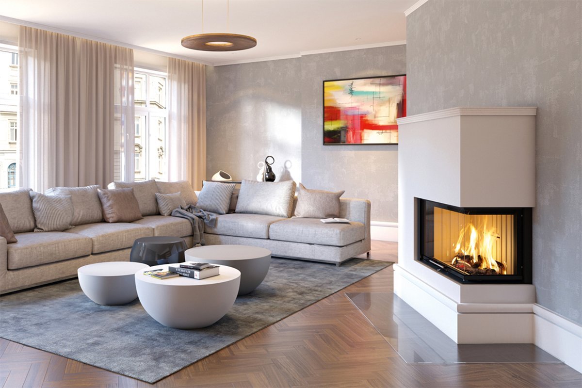 Woonkamer met Spartherm Linear Corner 80x40x50 (vaste greep) haard, grijze bank en moderne kunst.