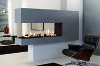 Element4 Lucius 140 Double Burner in moderne woonkamer met brandende haard