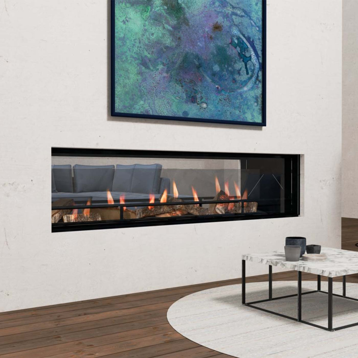 Element4 Lumina 150T tunnelhaard met brandende houtblokken in een moderne woonkamer