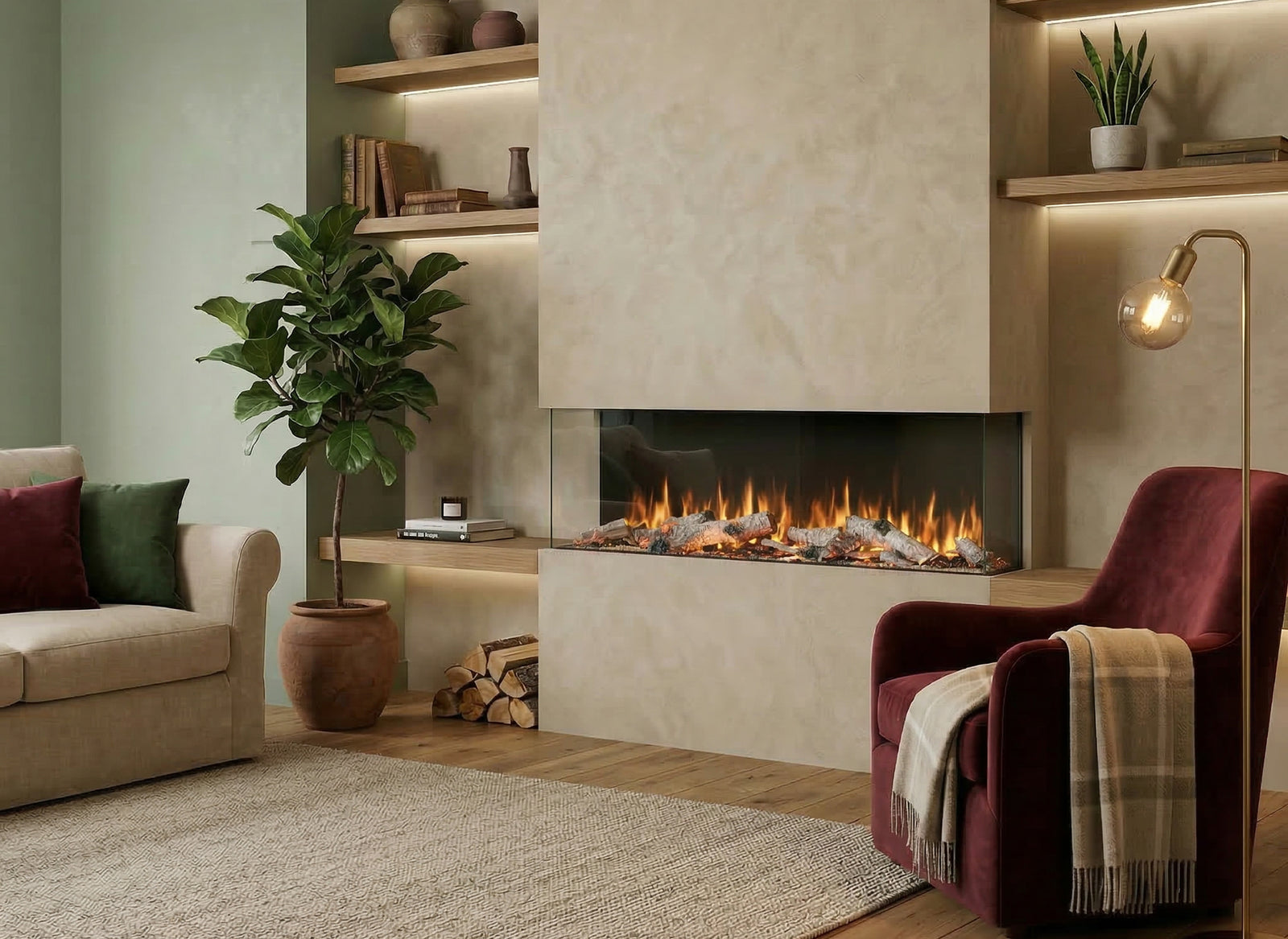 Charlton & Jenrick Luminosa 185 in moderne woonkamer met ingebouwde haard en vlammen