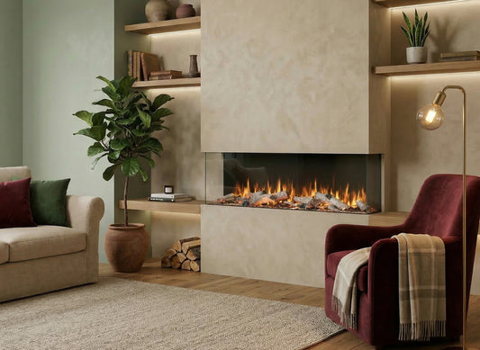 Charlton & Jenrick Luminosa 185 in moderne woonkamer met ingebouwde haard en vlammen
