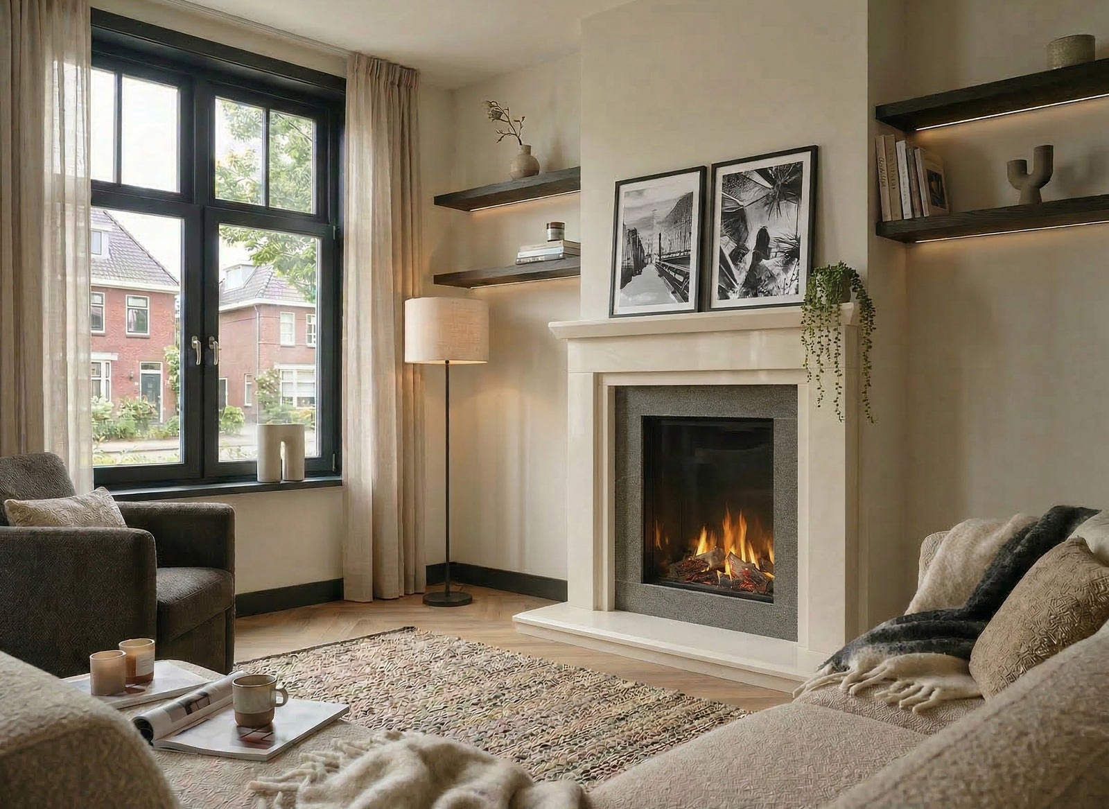 Charlton & Jenrick Luminosa 62 in een moderne woonkamer met brandend vuur