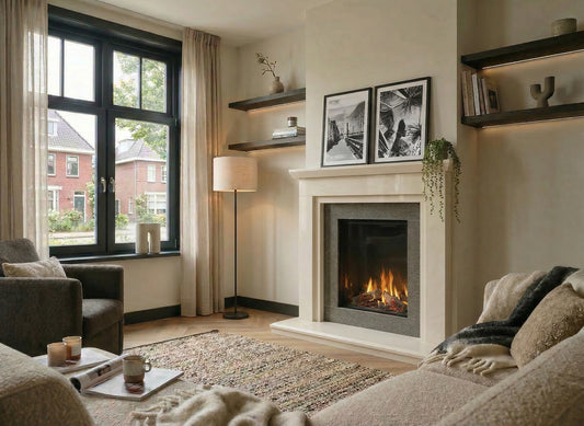 Charlton & Jenrick Luminosa 62 in een moderne woonkamer met brandend vuur