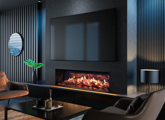 Element4 Luxor 150 E in moderne woonkamer met ingebouwde haard en tv
