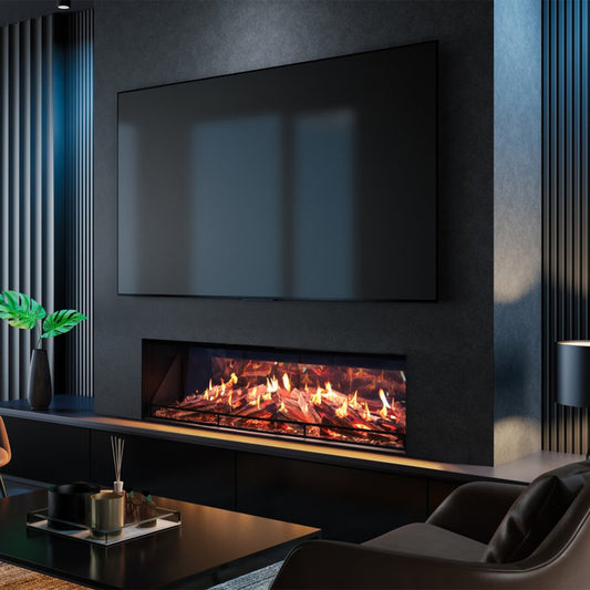 Element4 Luxor 150 E in moderne woonkamer met brede haard en tv erboven