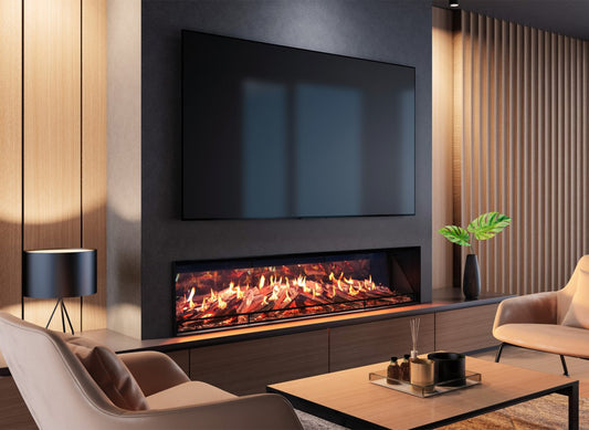 Element4 Luxor 190 E in moderne woonkamer met brede haard en vlammen