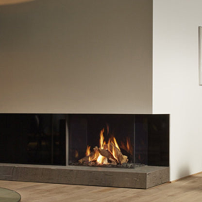 DRU Maestro 105/2 Eco Wave ingebouwde hoekhaard met brandend vuur en moderne inrichting.