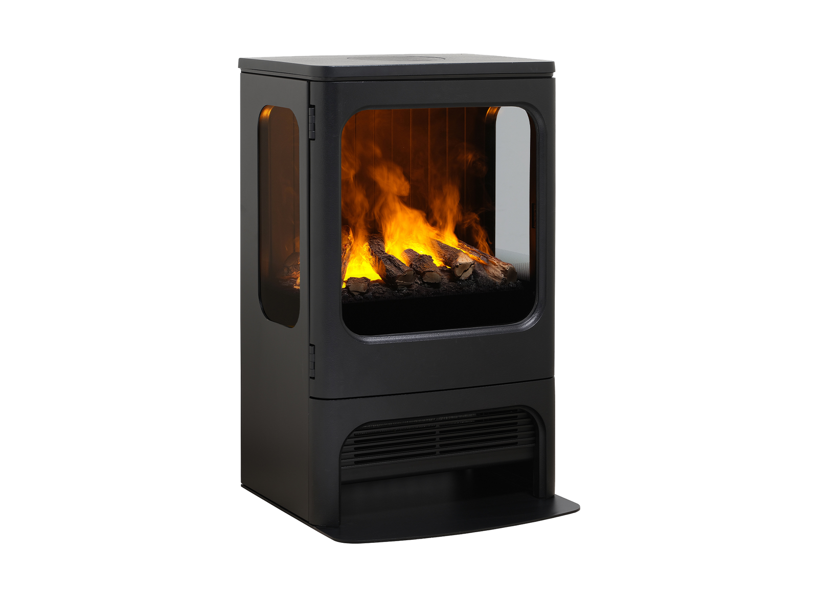 Dimplex Mapleton 80 zwarte haard met zichtbare vlammen op witte achtergrond