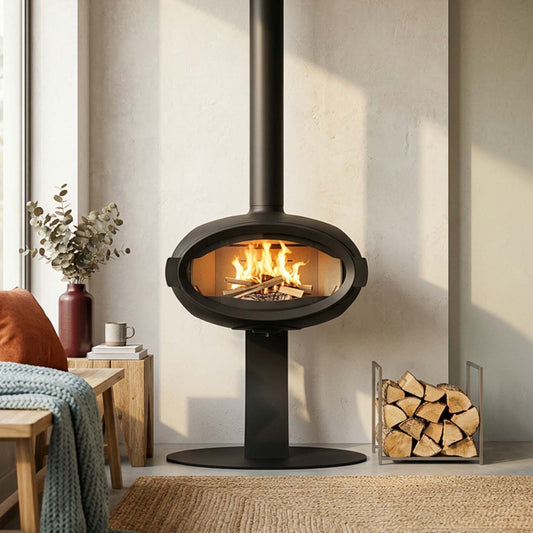 Wanders Mata Curve hangende haard in warme woonkamer met brandend vuur