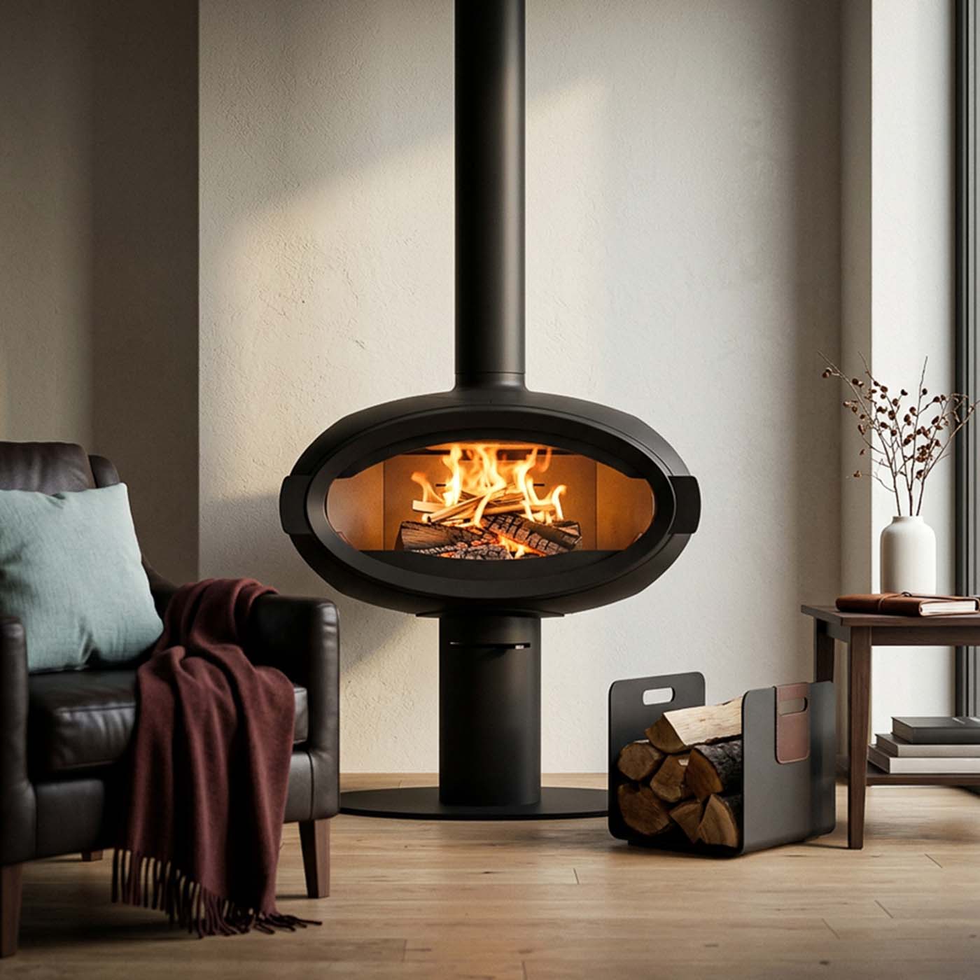 Wanders Mata Base Oval hanghaard in moderne woonkamer met brandend vuur