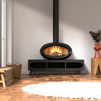 Wanders Mata Bench Square haard in moderne woonkamer met brandend vuur