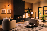 Faber Matrix Hybrid 800/500 III driezijdig in moderne woonkamer met brandend haardvuur